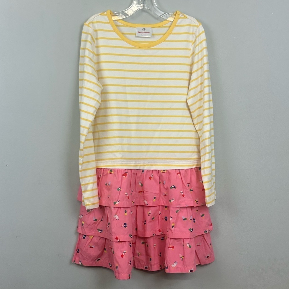 NWOT Hanna Anderson Striped Yellow With Pink Bird Print Ruffle Dress Sz 130/ 8